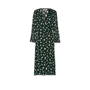 Reformation Mulberry V Neck Long Sleeve Wrap Midi Dress Green White Fen Print